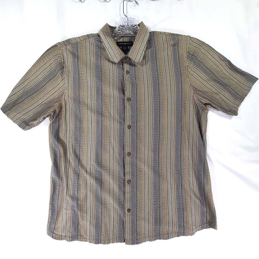Jhane Barnes Men XL Jacquard Art Deco Textured Shirt Tan Blue Vertical Stripe
